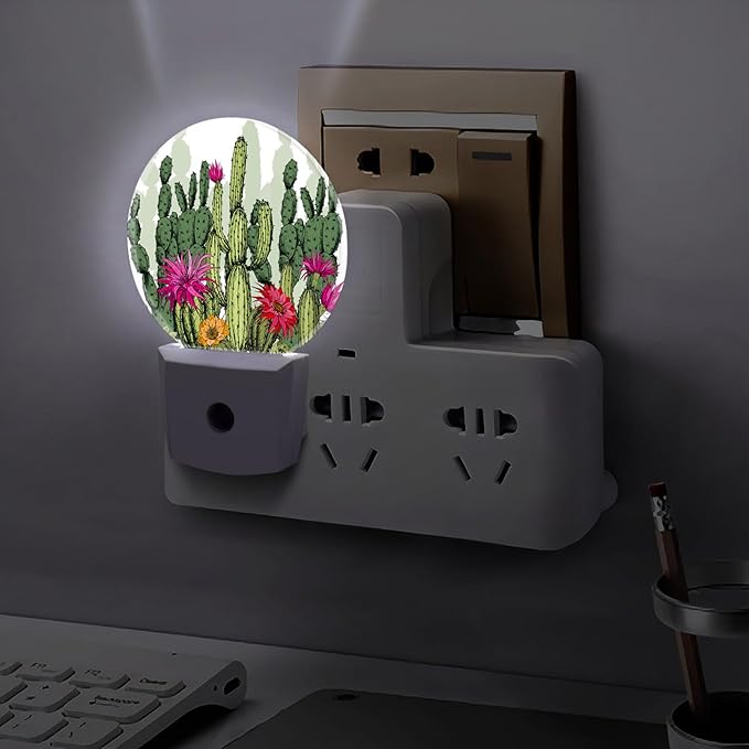 Round LED Night Light,Green Flowers Cactus Plants LED Night Light Plug into Wall with Dusk to Dawn Light Sensor White Energy Efficient Nightlight for Bedroom Hallway Living Room Kitchen