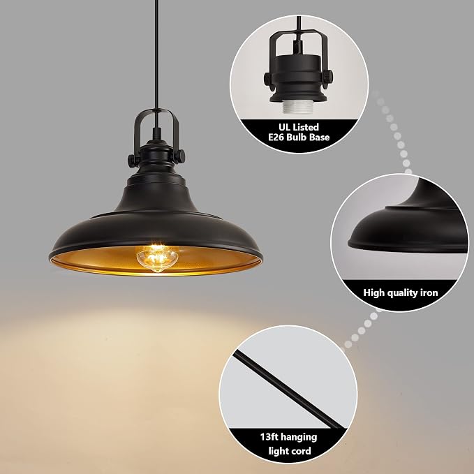 Matte Black Farmhouse Pendant Lights Kitchen Island,2 Pack Rustic Black Hanging Lighting Fixture,Pendant Lighting for Kitchens Dinning Room Bedroom Hallway,2 Packs