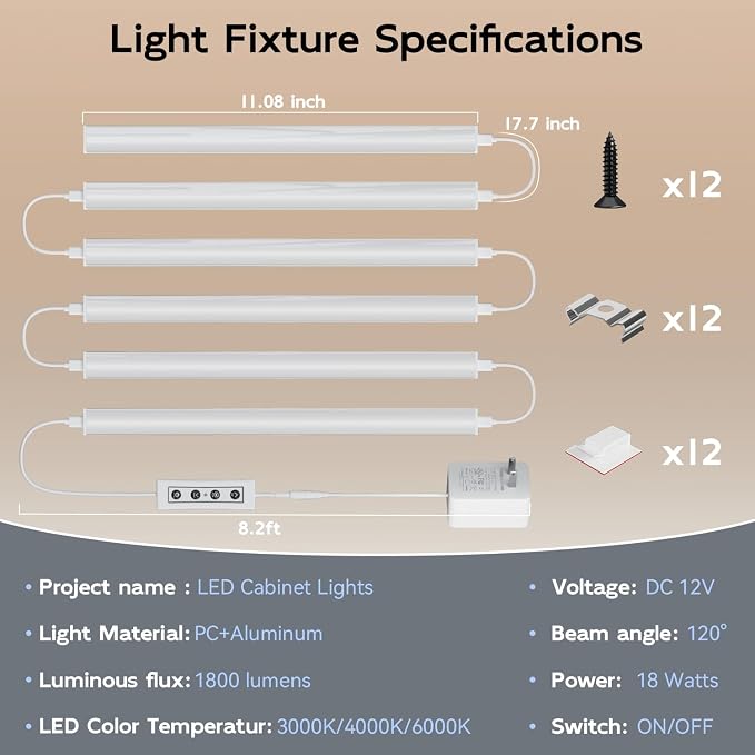 6 Pack Under Cabinet Lighting Plug in, Dimmable & 3 Color Temps 3000K-6000K | Linkable Under Cabinet Lights, 12" Inch 1800LM LED Shelf Lights, Under Counter Lights for Kitchen Cabinet, Closet, Shelf