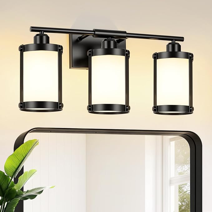 3-Light Black Bathroom Light Fixtures with Milk White Frosted Glass, 21" Modern Bathroom Vanity Lighting Fixtures Over Mirror with Metal Cage, Wall Sconce Lights for Bath, E26, OS-3014BKW-3W