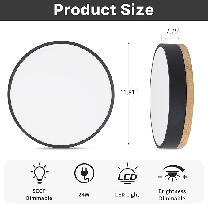 12" Minimalist Black and Wood LED Flush Mount Ceiling Light Fixture | Natural Wood Accent, Integrated LED, 5CCT Before Installation, Slim Low-Profile Design, Minimalist Modern Style, Compact Size