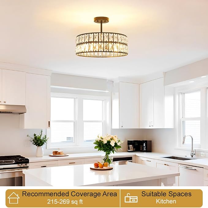 Lxybcce Crystal Ceiling Light Fixture, Modern Matte Black Ceiling Light Chandelier, Semi Flush Mount Chandelier Lighting Fixture for Kitchen Entryway Living Room Dining Room, 5-Light, 16 Inch