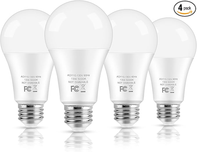 LED Light Bulbs, 100 Watt Equivalent A19, 13W 5000K Daylight White 1500 Lumens Non-Dimmable Bright E26 Edison Medium Screw Bulbs for Home Bedroom Kitchen Living Room Office Lamp, 4-Pack
