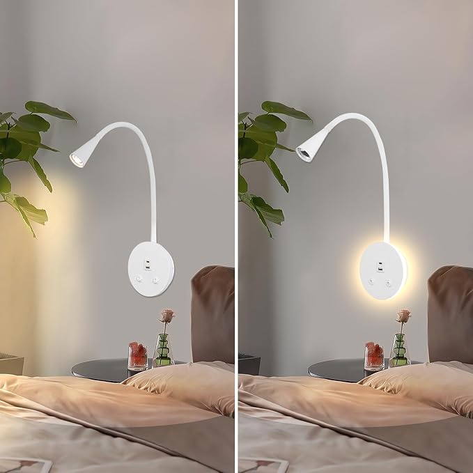 Dimmable LED Wall Reading Lamp - Adjustable Gooseneck Book Light for Bed, USB + Type C Output, 2-in-1 Night Light & Spotlight, Compact Focused Lamp (White)