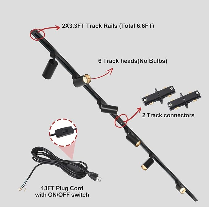 Plug in Track Lighting with Power Cord, 6-Light GU10 Track Lighting Kit with 6.6FT H Type Track Lighting Rails, Modern Kitchen LED Track Lighting Fixtures Ceiling Spot Light, Black (No Bulbs)