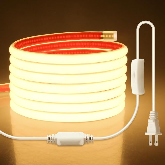 Aclorol 10FT COB LED Strip Lights 110V 120V Plug in Warm White 3000K Outdoor Rope Lights Waterproof IP67 with Self-Adhesive Super Bright for Kitchen Cabinet Bathroom Outdoor Deck Lighting Decoration
