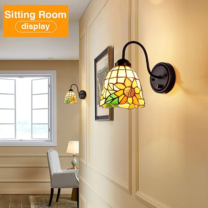 Tiffany Bedside Wall Mount Lamp with Dimmable Switch, Industrial Vintage Gooseneck Wall Sconce with Plug in Cord, Flowers Stained Glass Shade Wall Light Perfect for Bedroom, Living Room and Hotel