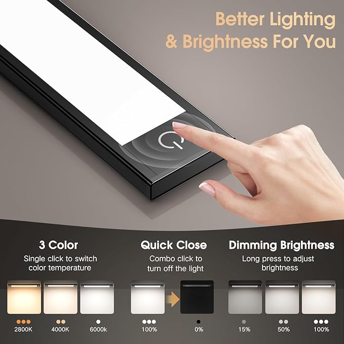 VST 2 Pack Wireless Rechargeable Cabinet Lights Motion Sensor | 3 Color Temperature Dimmable Aluminum Magnetic Night Light with 1800mAh Battery for Kitchen,Closet,Pantry,Hallway,Stair
