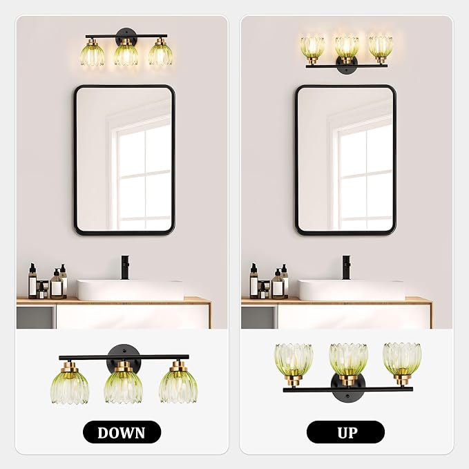 TALOYA Black Gold 3-Light Bathroom Vanity Light with Green Tulip GlassShade | Modern Vanity Lighting Fixtures, Bathroom Lights Over Mirror, Wall Mount Mirror Light Fixtures for Bathroom Hallway Bedroom