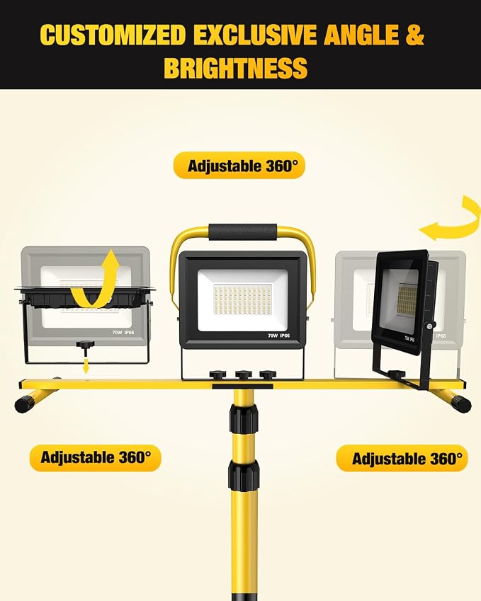 Upgraded LED Work Lights with Stand, 21000 Lumen, 3-Head Adjustable Work Light, Waterproof Foldable Tripod, Extended Cord for Outdoor & Indoor Job Sites, Workshops, Construction, Garage Lighting