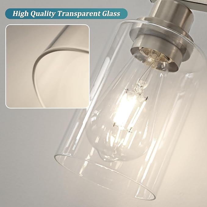 Modern Brushed Nickel Bathroom Light Fixtures, 4-Light Vanity Lights Over Mirror with E26 LED Bulbs Included, Wall Sconce with Clear Glass Shades for Living Room Bedroom Hallway Kitchen