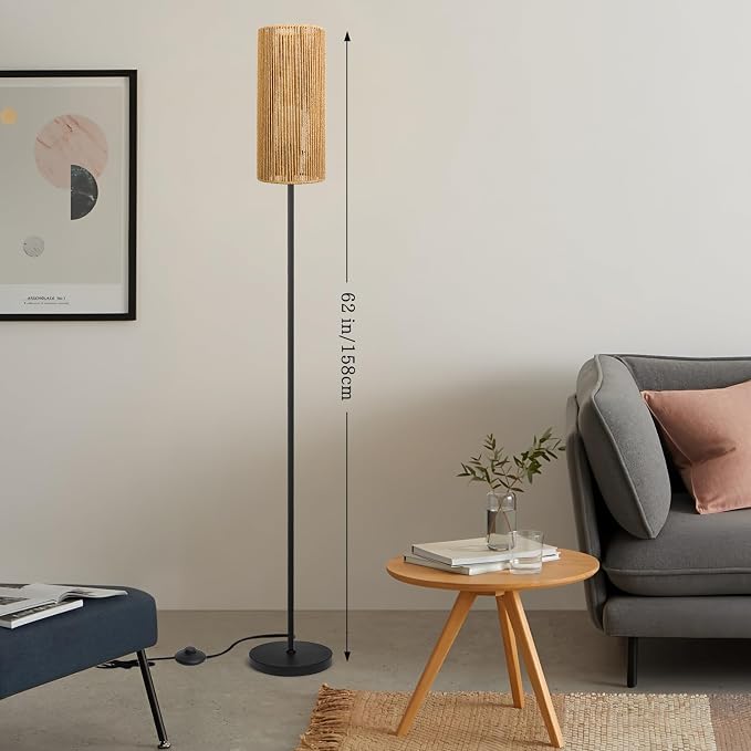 Ruiever Floor Lamp for Living Room,Farmhouse Floor lamp,Modern Standing lamp with Hand-Worked Rattan Shade (Straight Line Rattan Shade- 3 Color Bulb)