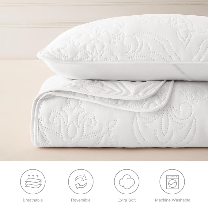 Whale Flotilla King Quilt Bedding Set Vintage Damask Reversible Bedspread | Suitable for Bed, 3 Pieces White Lightweight Breathable Quilt King Size, Ultrasonic Coverlet Bed Cover with 2 Pillow Shams