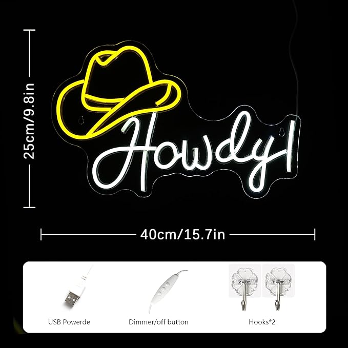 Cowboy Hat Neon Sign Howdy Cowboy Neon Signs Cool LED Neon Lights Dimmable Neon Signs USB Powered for Gameroom, Man Cave Beer Bar Cafe Recreation Room(Yellow White)