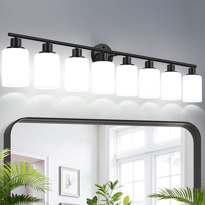 Zarbitta 8-Light Bathroom Light Fixtures, Black Modern Vanity Lights with Milky White Frosted Glass Shades, Bathroom Wall Lamp for Mirror, Living Room, Hallway, Kitchen, Cabinet, Porch