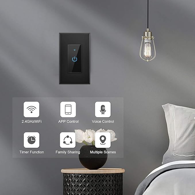 Smart Switch 2.4GHz WiFi Light Switch 2Pack Compatible with Alexa and Google Home, Single Pole, Needs Neutral Wire (Black)