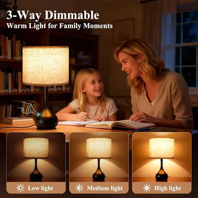 ONEWISH Touch Bedside Lamp for Bedroom, 3-Way Dimmable Table Lamps for Nightstand with Cylindrical Fabric Shade, Desk Lamp for Living Room, End Tables, Home Office