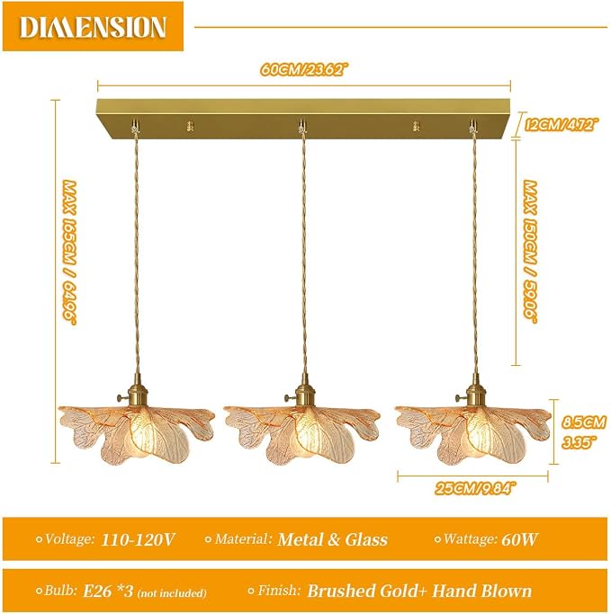 3-Light Vintage Petal Glass Ceiling Hanging Light Adjustable Gold Brass Chandelier Amber Glass Shade LED Linear Island Light for Dining Room Farmhouse, Indoor Cluster Lighting