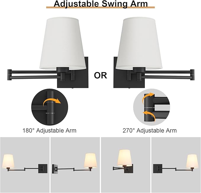Aipsun Black Wall Sconce Set of 2, Swing Arm Wall Lamps, Modern Bedroom Wall Sconce Fixtures with Fabric Lampshade for Reading Hallway Living Room(Exclude Bulb)