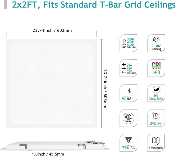 24-Pack 2x2 LED Flat Panel Light Drop Ceiling Fixture, 3CCT Selectable (3000K/4000K/5000K) & 40W 30W 20W Switchable, 0-10V Dimmable, 100-277Vac, ETL & DLC