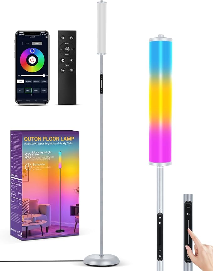OUTON Bright Smart Floor Lamp with Remote, App & Touch Control, RGB Color Changing Standing Lamp, 2200K-6500K Dimmable, 3 Adjustable Heights, 32 Scenes for Living Room Bedroom Office,Grey