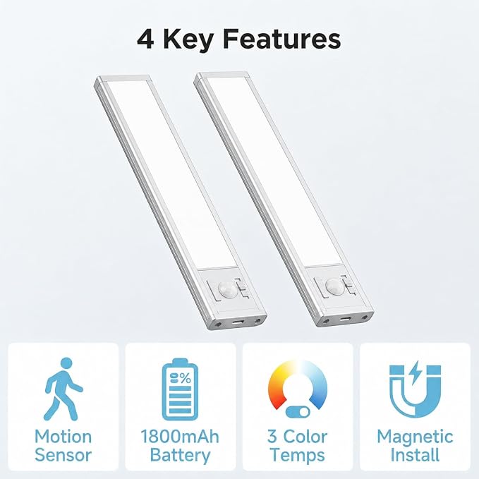 2Pack Aluminum Under Cabinet Lighting, 10inch Rechargeable Ultra-Thin Magnetic Motion Sensor Closet Lights, 3 Colors & Dimmable, USB-C Wireless Under Counter Lights for Kitchen, Pantry, Wardrobe