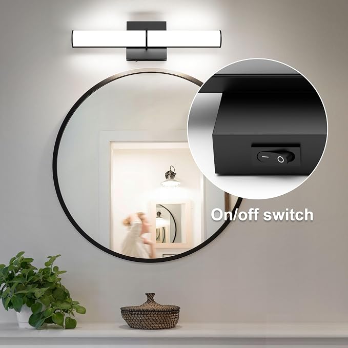 17.3Inch Modern Black Vanity Light Fixture with Switch, 12W 5000K Led Bathroom Light Fixture Over Mirror, Hardwired Wall Light, 1200LM Vanity Light Bar for Mirror Bedroom Hallway Living Room