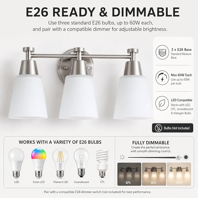 3-Light Bathroom Vanity Light, Brushed Nickel Finish with Milk Glass Shades, Over Mirror, for Bathroom Vanity