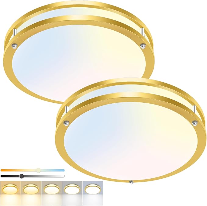 hepside 2 Pack Flush Mount Ceiling Light Fixture, Dimmable & 5Color Temperatures Ceiling Light Gold, 16inch 36W 3000K 3500K 4000K 5000K 6500K Adjustable Ceiling Lamps for Bathroom Bedroom Hallway