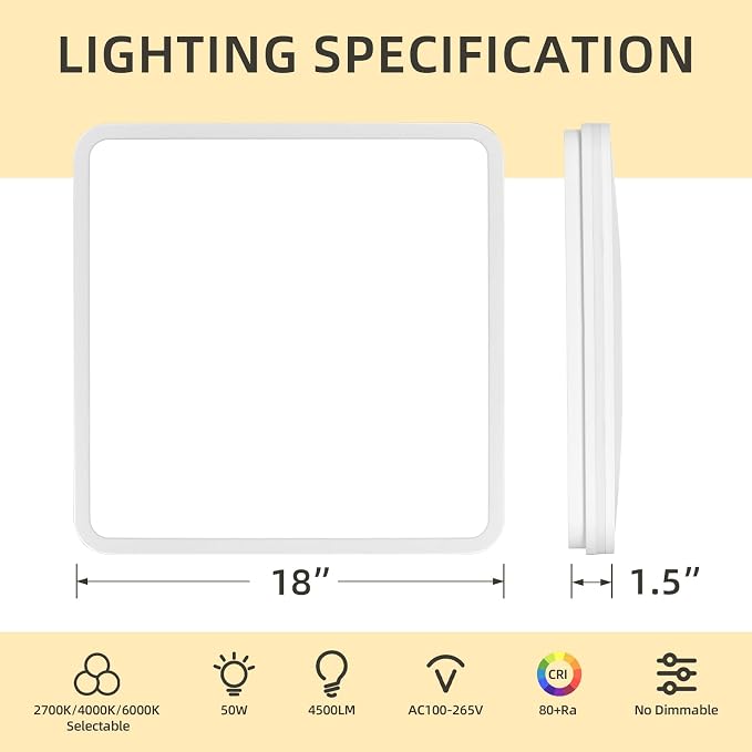 2PK 18 Inch LED Flush Mount Ceiling Light, White Ceiling Light Fixture with Side Light, 50W,4500LM, 2700K/4000K/6000K CCT Selectable, Square Lamp for Bathroom, Closet, Kitchen, Hallway, Bathroom