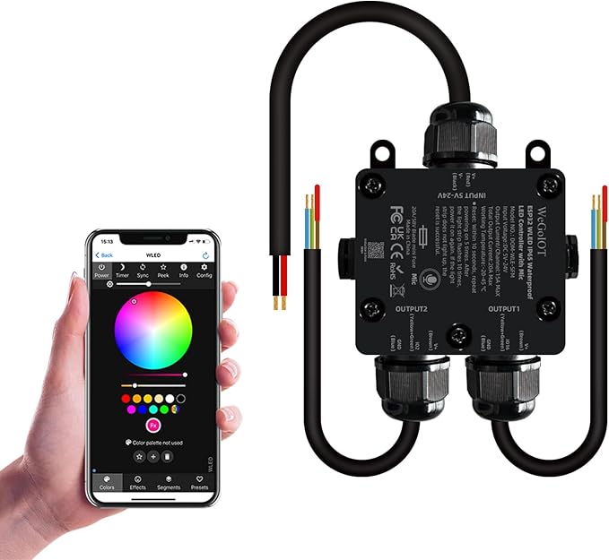 Waterproof ESP32 WLED Controller with Mic , Project for Pool Boat Landscape Outdoor Lights IP65 Dynamic RGB IC DIY Lighting WiFi APP Control for WS2812B DC5-24V RGBW LED Controller (2 Channel)