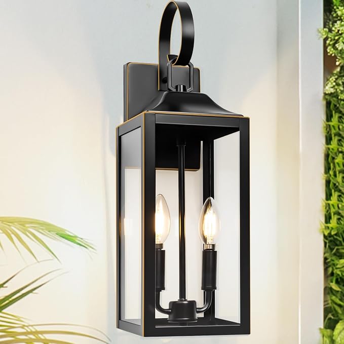 19" Large Outdoor Wall Lights Modern Front Porch Lantern Wall Mount 2-Light | Waterproof Classic Outdoor Light Fixture with Clear Glass, Farmhouse Exterior Lights for House, Black with Gold Trim, 1-Pack