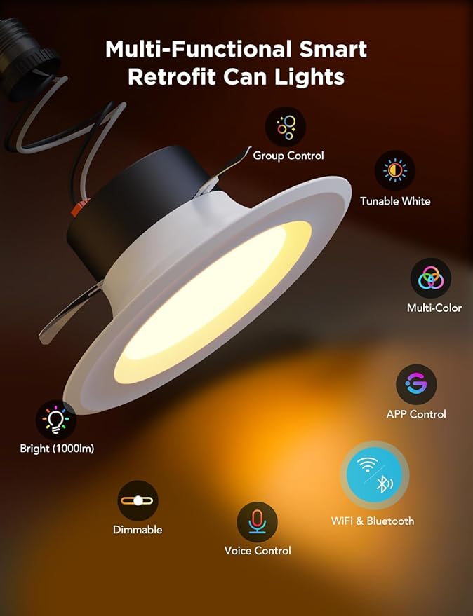 Govee Smart Retrofit Recessed Lighting 6 Inch, Wi-Fi Bluetooth Direct Connect RGBWW Retrofit Can Lights, 65 Scene Modes, Works with Alexa & Google Assistant, 1000 Lumens, 4 Pack