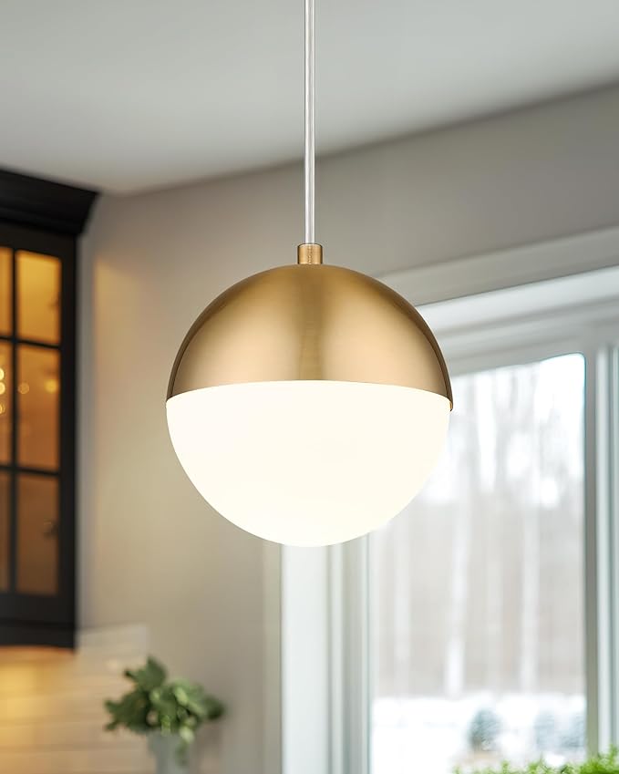Mid Century Pendant Lights, Brushed Gold Kitchen Island Light Fixtures with White Globe Glass Shade, Adjustable Hanging Cord, 3-Pack for Home Office Dining Room Bathroom, LMS-186PL-BGWS3PK