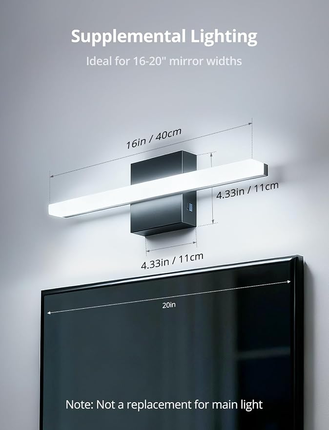 2 Pack Modern Bathroom Light Fixtures Above Mirror Small Vanity Lighting Bar 16Inch, 5 Color Adjustable Black Simple Slim Led Wall Sconce IP44 Rustproof Bright 10W 880LM for Bath Restroom