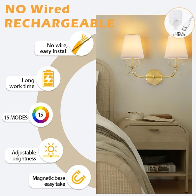 PASSICA DECOR Bow Battery Operated Wall Sconce, Rechargeable Wireless Double Lights with Dimmable Bulbs, 15 Colors and Remote Control, Gold Wall Lamps for Bedroom, Bathroom