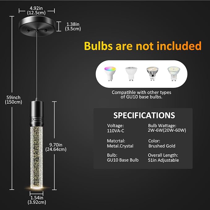 Black Pendant Lights Kitchen Island, Crystal Bubble Pendant Lights, Adjustable Modern Pendant Light Fixtures for Dining Living Room Bedroom 3 Pack