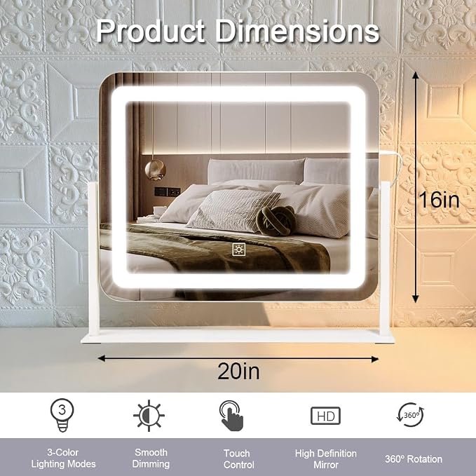 YEKKOPT 16"x20" Desk Makeup Vanity Mirror with Lights - Smart Touch Control, Dimmable Light (3 Modes), for Makeup Desk, Bedroom, Dressing Room