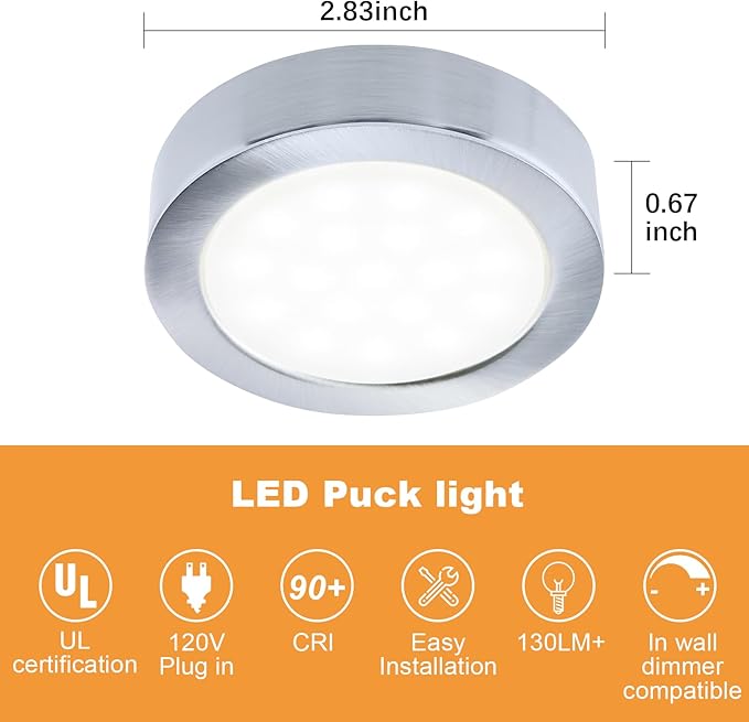 LUMILAND Wired LED Puck Lights 120V (2.7Wx3) Plug-in Lighting Warm White, LED Cabinet Light for Kitchen Can Be Surface Mount or Recess Mount, Satin Nickle