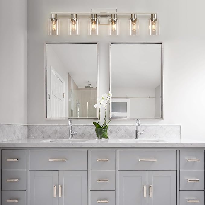 6-Light Bathroom Vanity Light, Brushed Nickel Vanity Lights for Bathroom, Bathroom Lights Fixtures Over Mirror, Large Vanity Light Over Mirror Modern Wall Sconce with Clear Glass Shade
