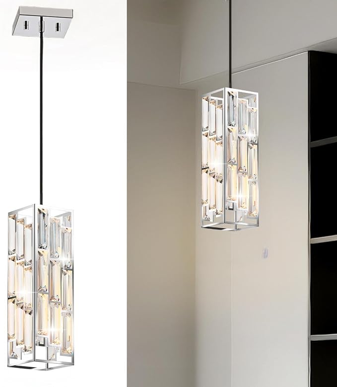 Chrome Pendant Lights, Modern Pendant Light Kitchen Island, 1 Pack Mini Crystal Chandeliers for Dining Room Bedroom Foyer Hallway