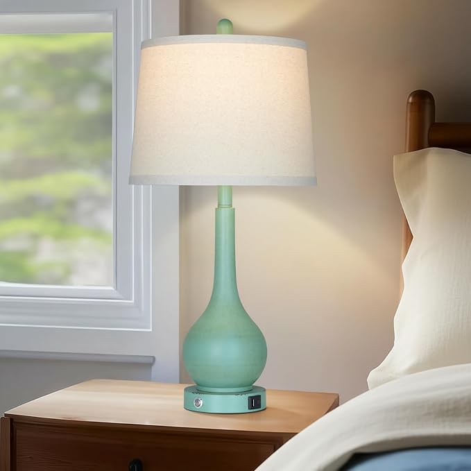 26" Farmhouse Table Lamps for Living Room Set of 2, 3-Way Dimmable Touch Control Bedside Lamp with USB A+C Ports, Retro Green Nightstand Lamps for Bedroom (2 LED Bulbs Included)