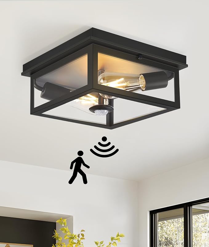 Motion Sensor Outdoor Ceiling Light with Remote, 10 Inch Matte Black Flush Mount Porch Light Fixture with United Glass Cover, 5 Modes Outside Flush Mount Light for Porch, Garage, Patio, Entryway