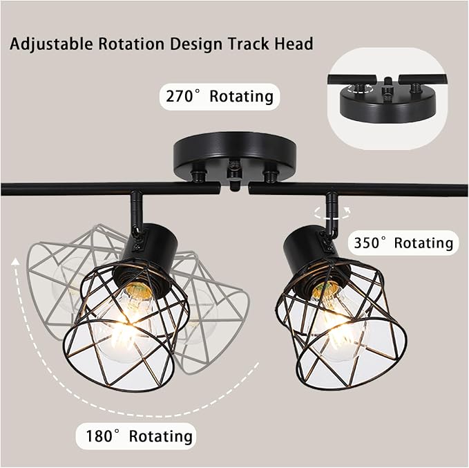 SOTTAE 4-Light Track Ceiling Light, Black Metal Birdcage Semi Flush Mount Ceiling Light, Adjustable Multi-Directional Spot Light, Farmhouse Ceiling Lamp for Living Room Kitchen Dining Bedroom Hallway