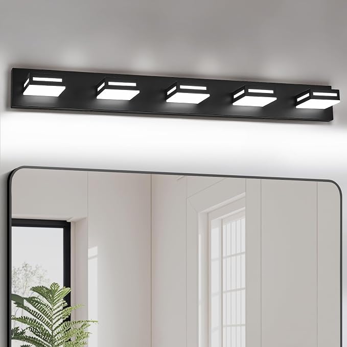 LED Modern Bathroom Light Fixtures, 5-Light 40-Inch Matte Black Vanity Lights for Bathroom Lighting Fixtures Over Mirror, 6000K Cool White 350° Rotatable Wall Lamp