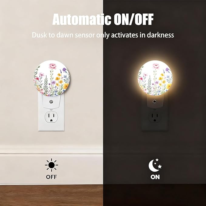 Plug-in Watercolor Wildflower Garden Night Light Floral Flower Meadow Nightlight with Dusk to Dawn Sensor, Auto On/Off 0.5W Energy-Saving LED Lighting for Men Women Boys Girls Gift