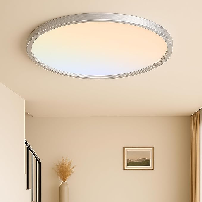 MOONSEA 24-Inch Flush Mount LED Dimmable Ceiling Light Round – 50W | 3000K/4000K/6500K, Brushed Nickel Finish, 0.98in Low Profile Ceiling for Bedroom, Kitchen, Brightness Dimmable with Dimmer