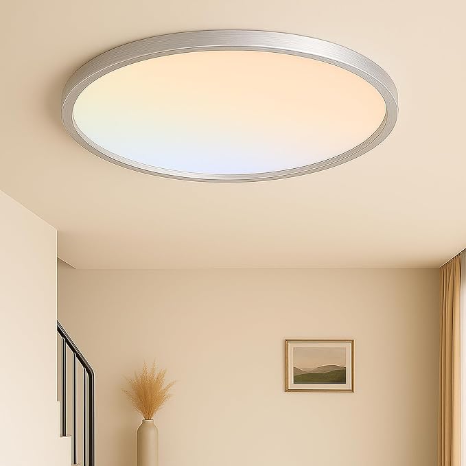 MOONSEA 16 Inch Flush Mount LED Ceiling Light Fixture 32W Brushed Nickel | 3000K/4000K/6500K , 3200LM Kitchen Light Fixtures, 0.98 in Low Profile Ceiling, Brightness Dimmable with Dimmer, Metal Frame