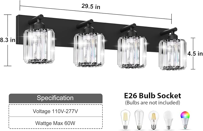 Black Crystal Bathroom Vanity Light, 4-Light Modern Bathroom Lighting Fixtures Over Mirror, Matte Black Wall Sconce Light Fixtures with Round Shade