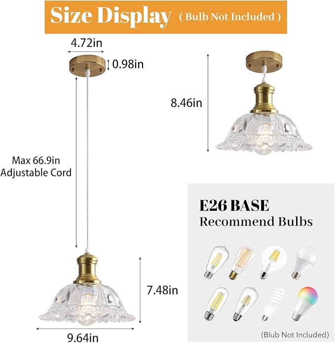 Gold Pendant Light, Vintage Pendant Light Fixture with Clear Glass Shade, Champagne Bronze Pendant Lighting for Kitchen Island, Dining Room, Bedroom, Living Room, Entryway, Hallway